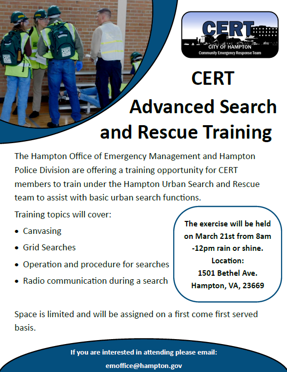 CERT CLASS FLYER MARCH 21st at 1501 Bethel Ave. Hampton VA, 23669